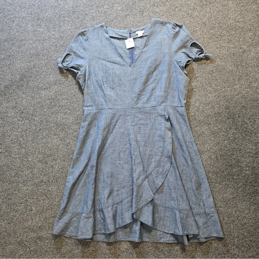 J. Crew Chambray Blue V-Neck Faux Wrap Ruffle Dress